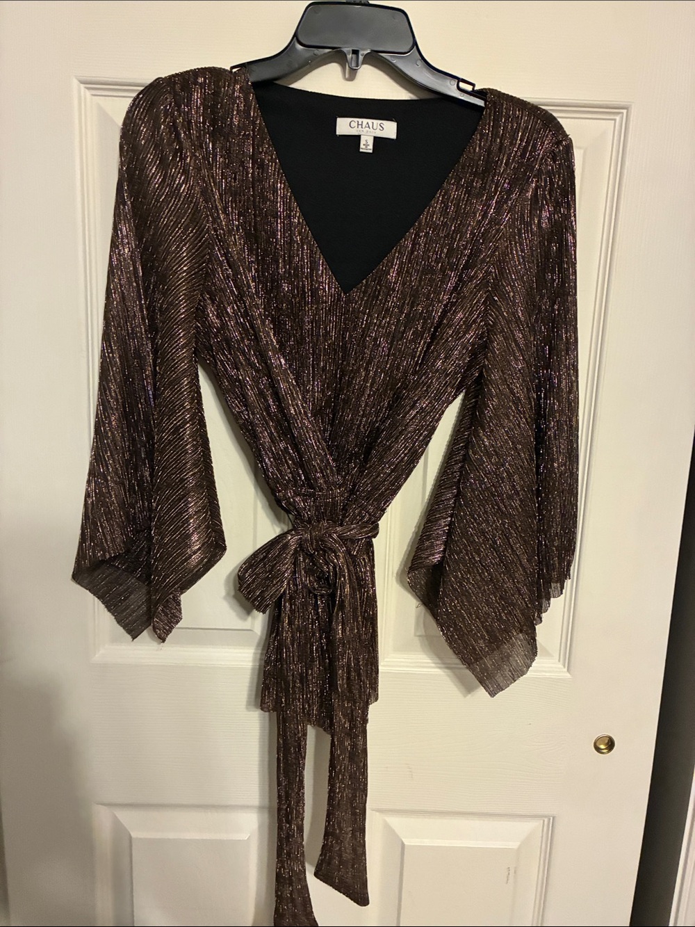 Chaus Metallic Wrap Blouse in Shimmery-Brown